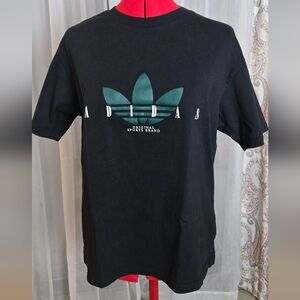 Adidas Unisex Trefoil Black Tee With Green Logo - Medium
